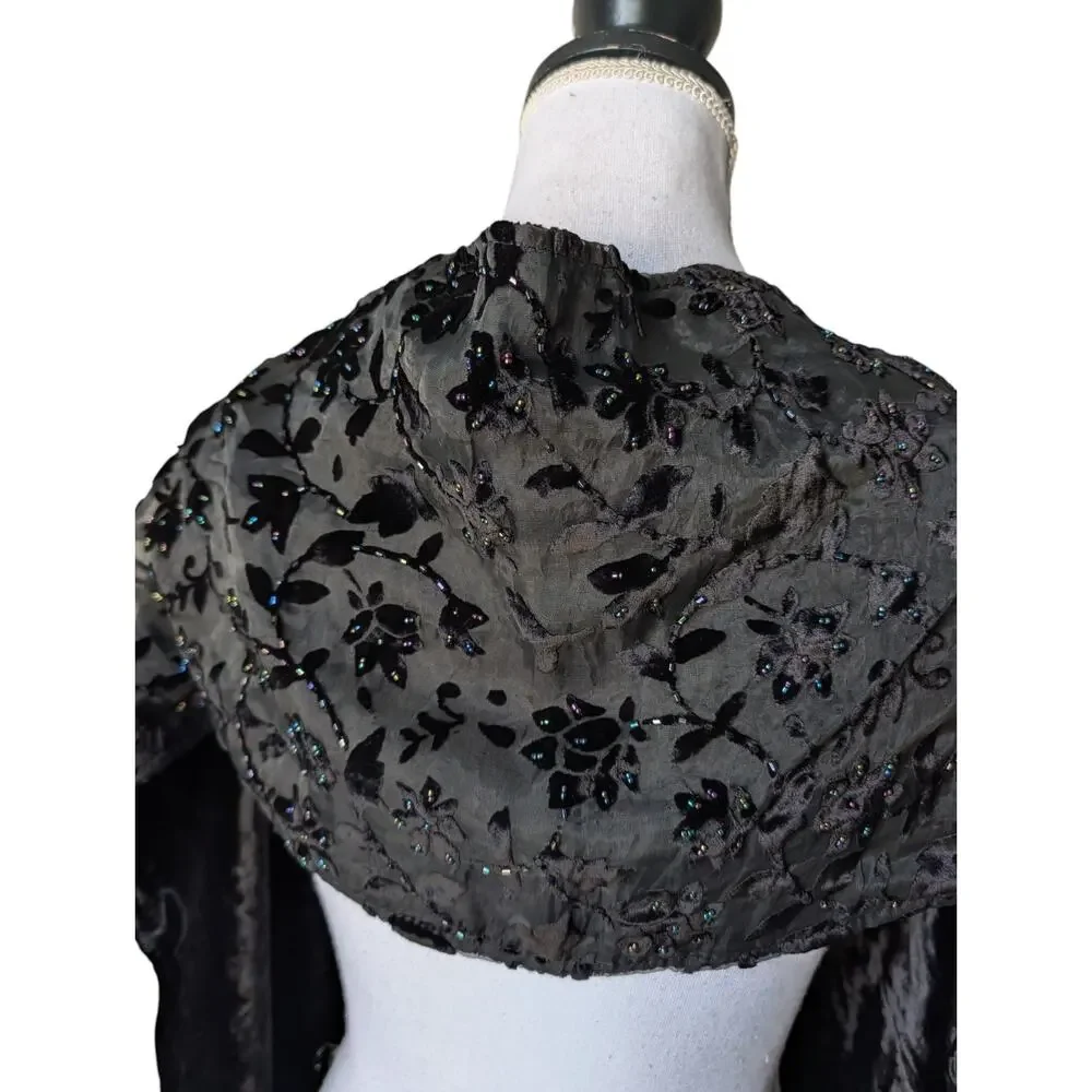 Vintage Black Velvet Beaded Burnout Floral Scarf Shawl Wrap Fringe Goth Witchy